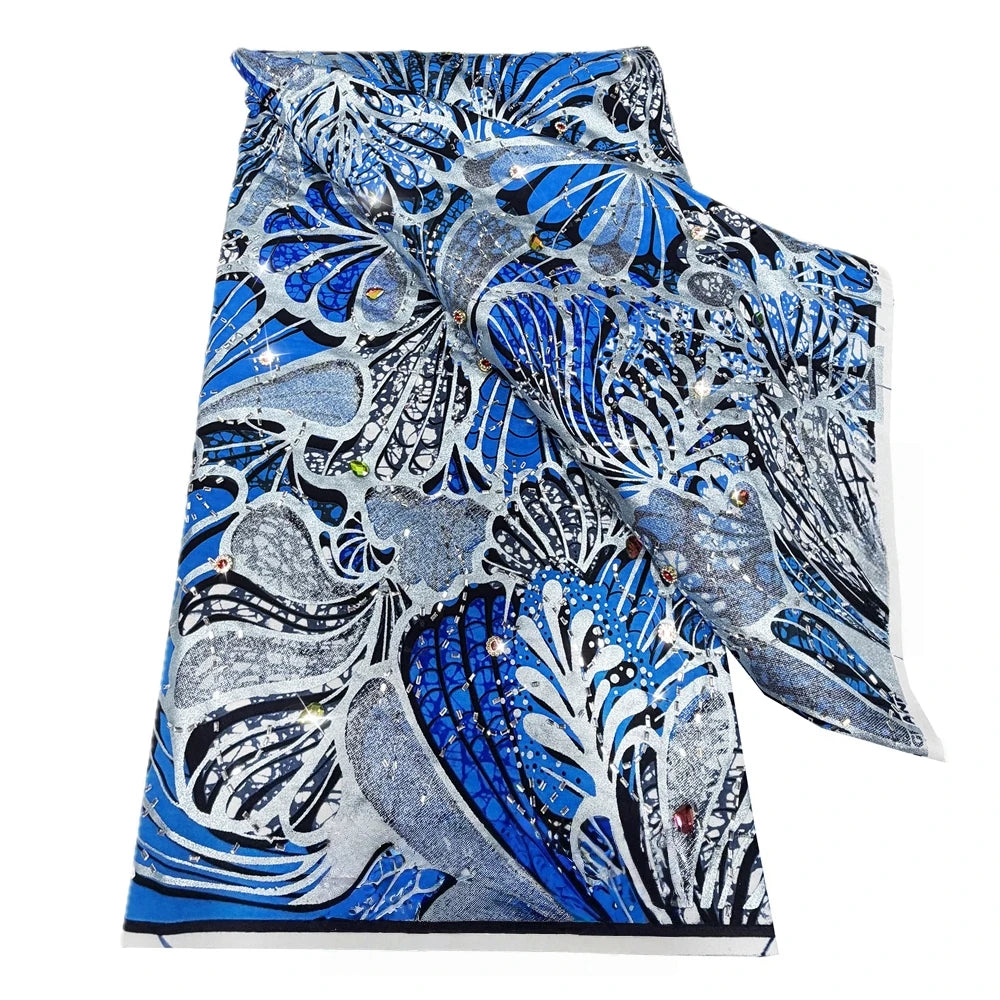 Royal Blue Butterfly Stoned Wax Print – Heavyweight Poplin with Stones, 6 Yards