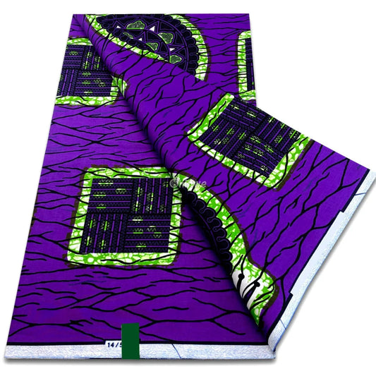 Wax print with circuit grid blocks electric tree veins and tech disc medallions on bold purple base Royal Purple Lime
