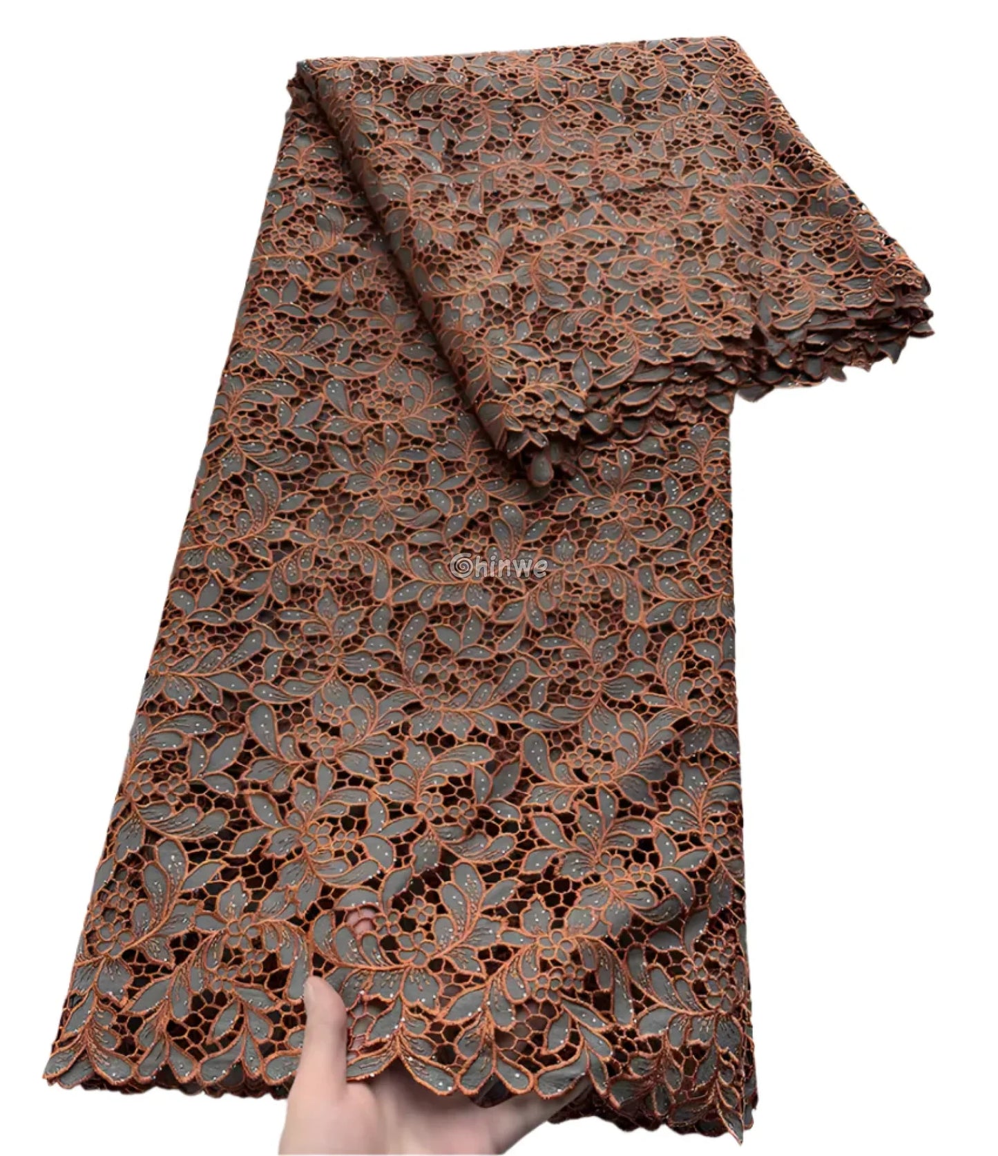 Luxury Guipure Lace Fabric – Floral Corded Korean Lace with Czech Stones Grey Brown / 5yard Lace