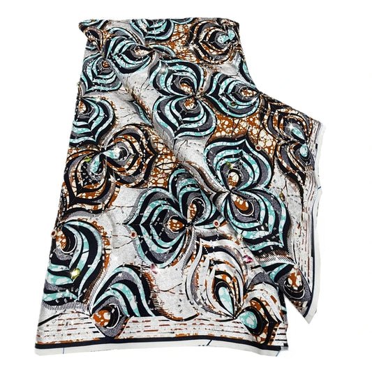 Aqua & Bronze Swirl Stoned Wax Print – Heavyweight Poplin with Stones, 6 Yards