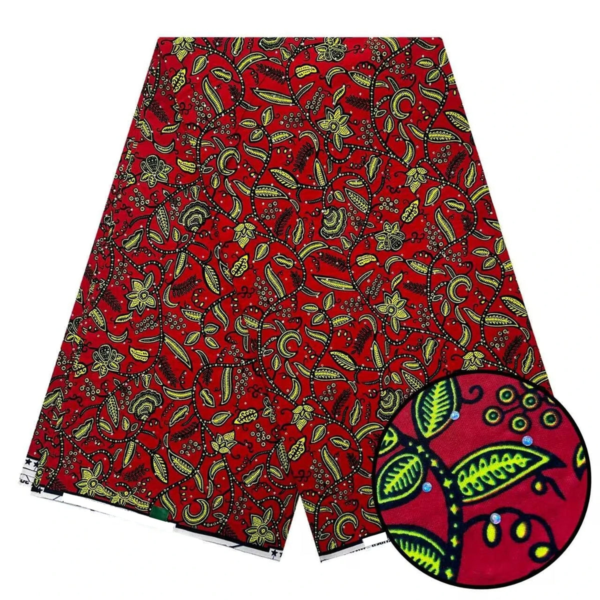 Red Leaf Sprig Stoned Wax Print – Green Accents, Real Wax with Stones, 6 Yards