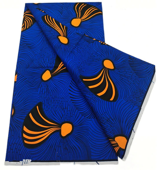 Royal Blue and Orange Feather Ankara wax print fabric, 6 yards