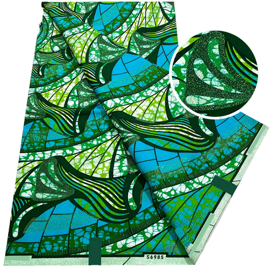Emerald Fan Ankara Flash Gold Wax Print Fabric with green leaf fans on turquoise, 6 yards