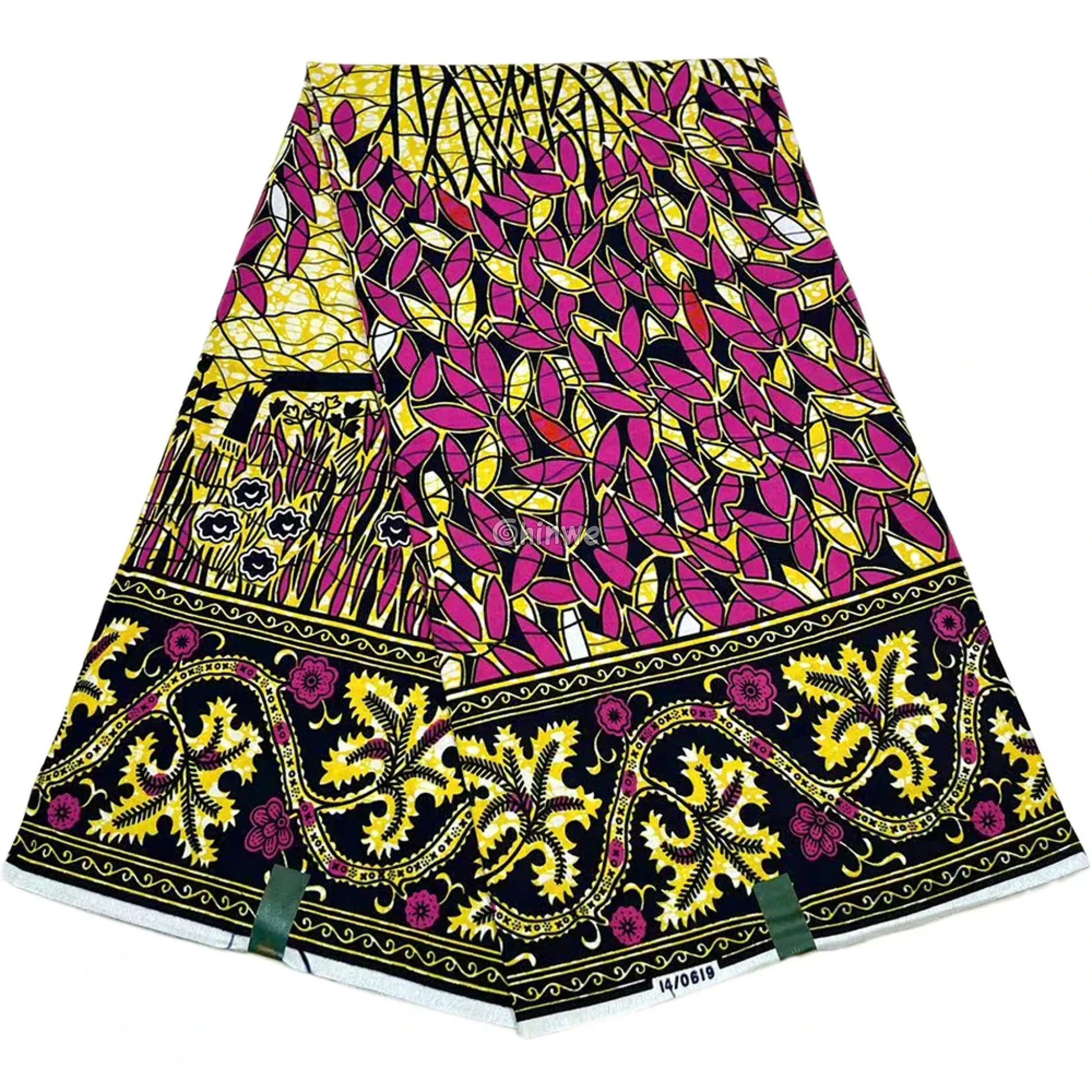 Pink Yellow and Black Ankara Fabric with Leaf and Floral Border Design 6 Yards African Wax Print Fabric