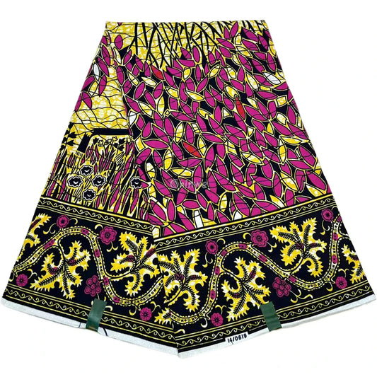 Pink Yellow and Black Ankara Fabric with Leaf and Floral Border Design 6 Yards African Wax Print Fabric