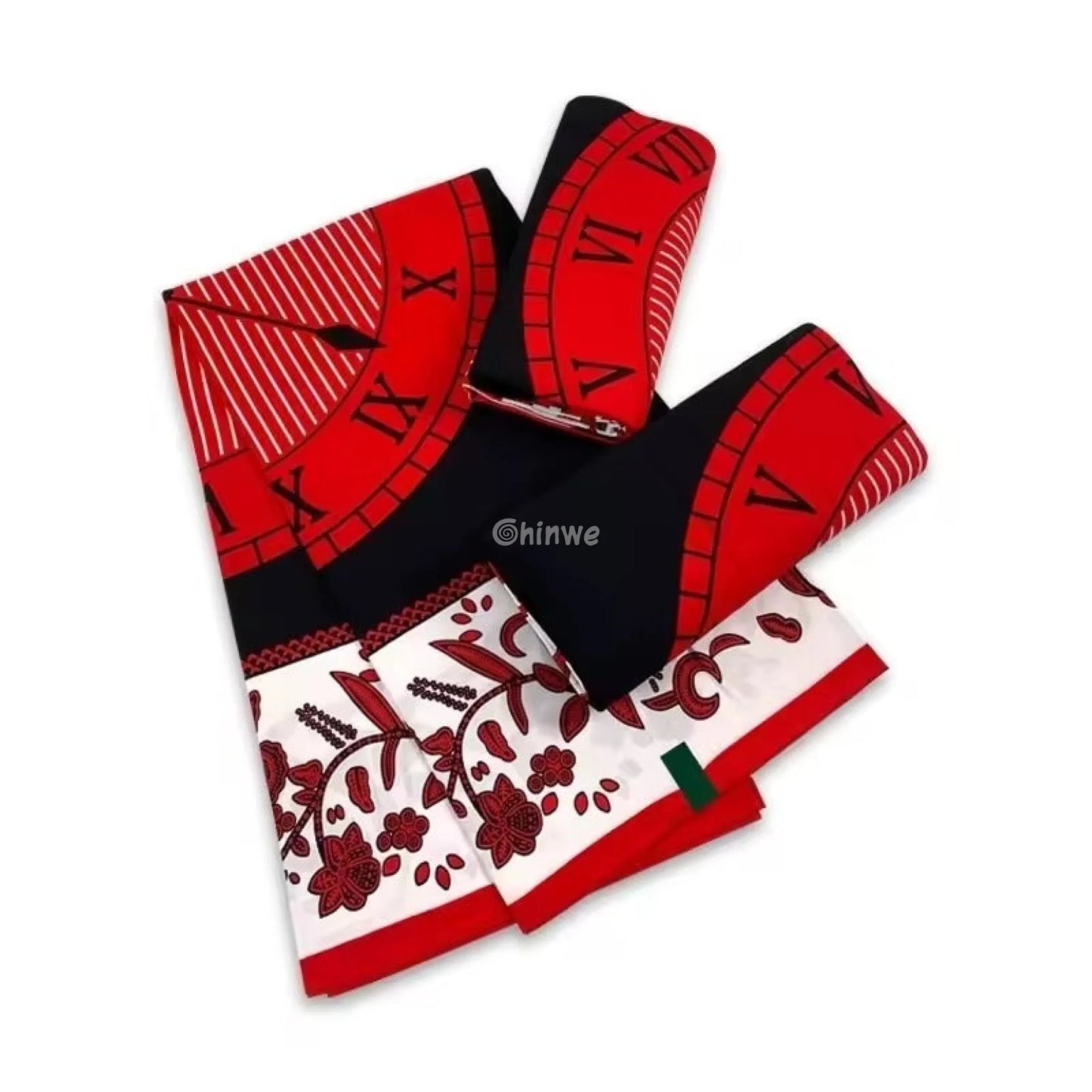 Red and Black Ankara Fabric with Clockface and Floral Border Design 6 Yards African Wax Print Fabric