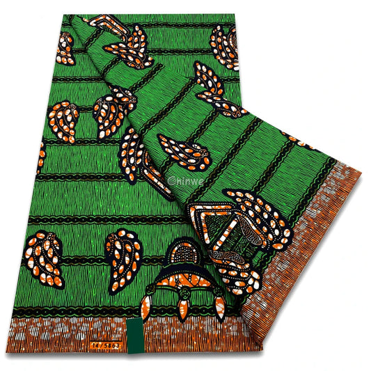 Emerald Green Print with Crown Motifs Beaded Chains & Ornamental Stripe Texture Emerald Chain & Crown / 6 yards African