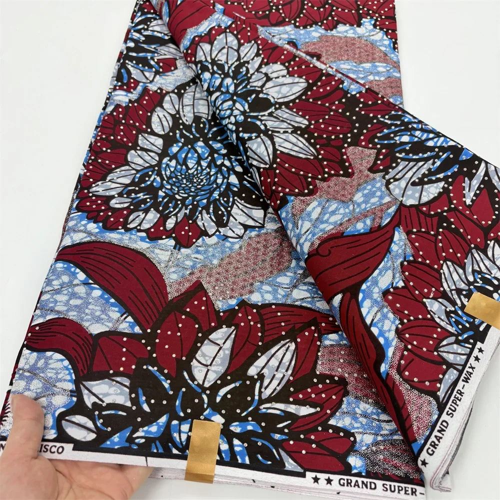Red & Sky Blue Floral Stoned Wax Fabric – Grand Super Wax with Rhinestones, 6 Yards