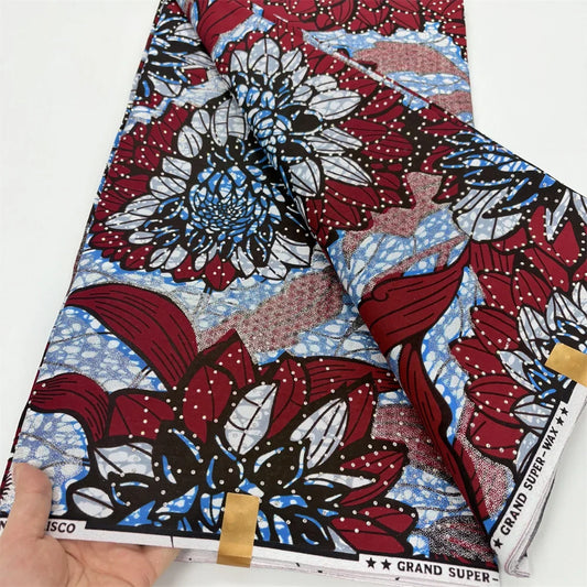Red & Sky Blue Floral Stoned Wax Fabric – Grand Super Wax with Rhinestones, 6 Yards