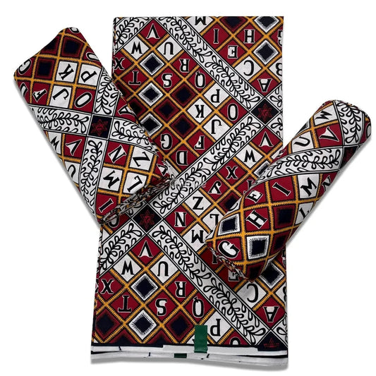 Rust red and gold alphabet tile print with diamond grids and zigzag stitch borders Rust Alphabet Tiles / 6 yards