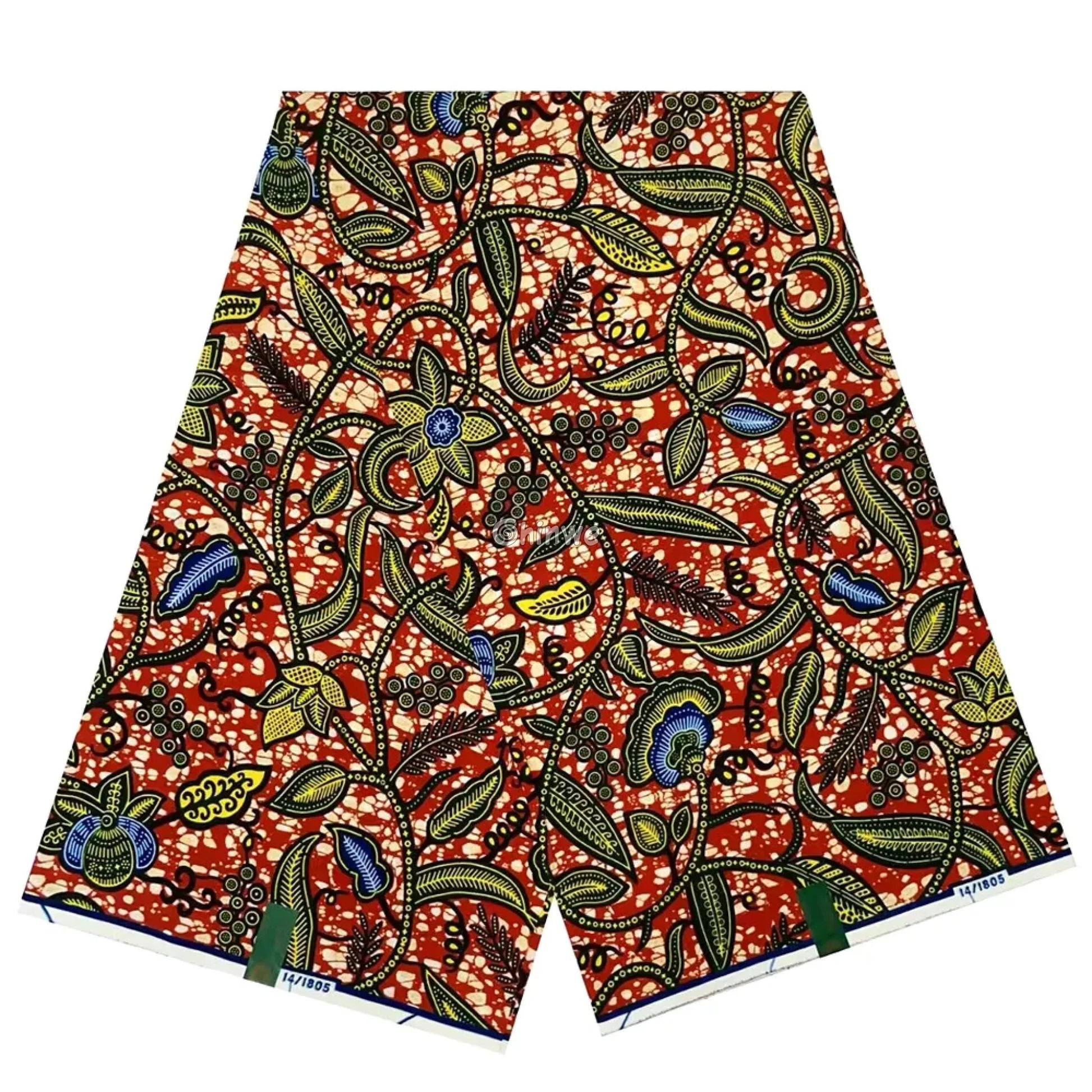 Rich Botanical Bloom Fabric – Earthy Red Ankara Wax Print with Intricate Floral and Leaf Motifs 6 Yards African Wax