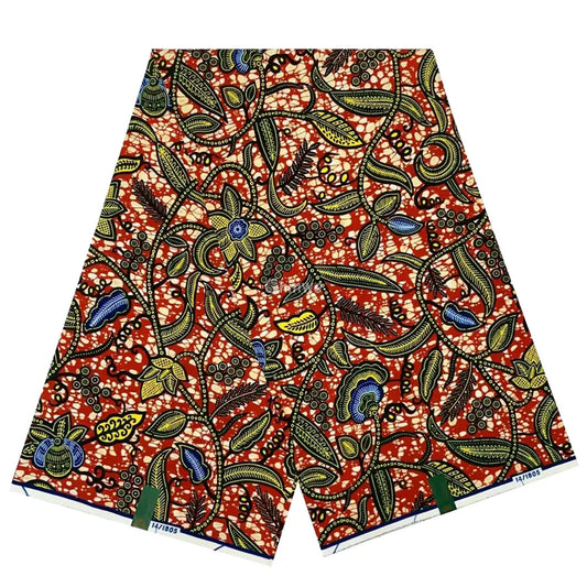 Rich Botanical Bloom Fabric – Earthy Red Ankara Wax Print with Intricate Floral and Leaf Motifs 6 Yards African Wax