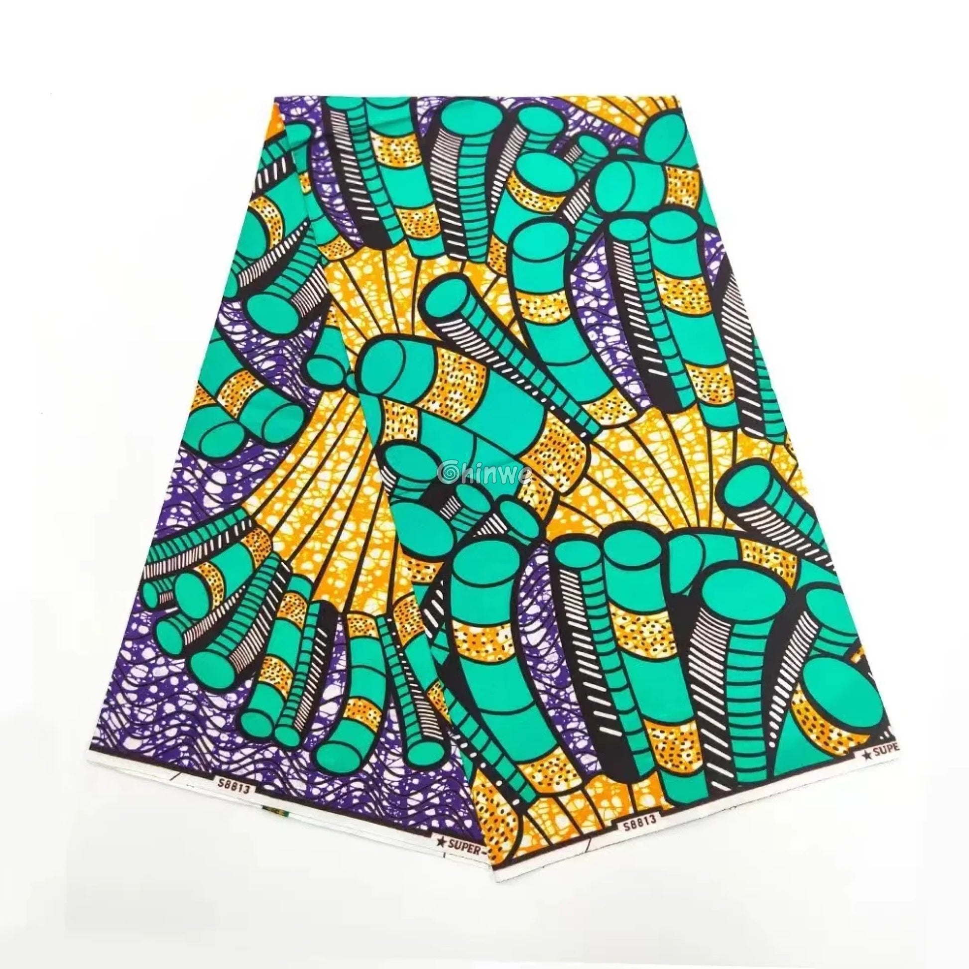 Cotton Ankara Wax Print Fabric with Bold Teal Tube & Spiral Motif on Purple Crackle Background B / 6 Yards African Wax