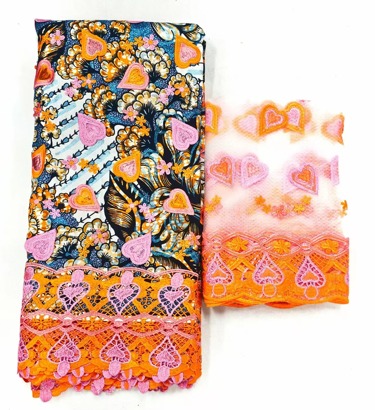 Tangerine Embroidered Wax and Lace Set – Guipure Border, 5 Yards