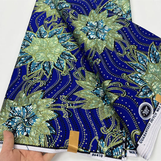 Navy & Jade Blossom Stoned Wax Fabric – Grand Super Wax with Rhinestones, 6 Yards