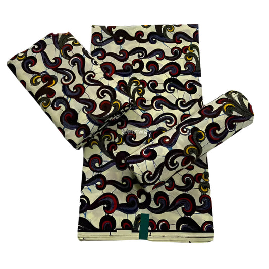 Abstract Swirl Fabric – Multicolor Curves on Cream Ankara Wax Print 6 Yards African Wax Print Fabric