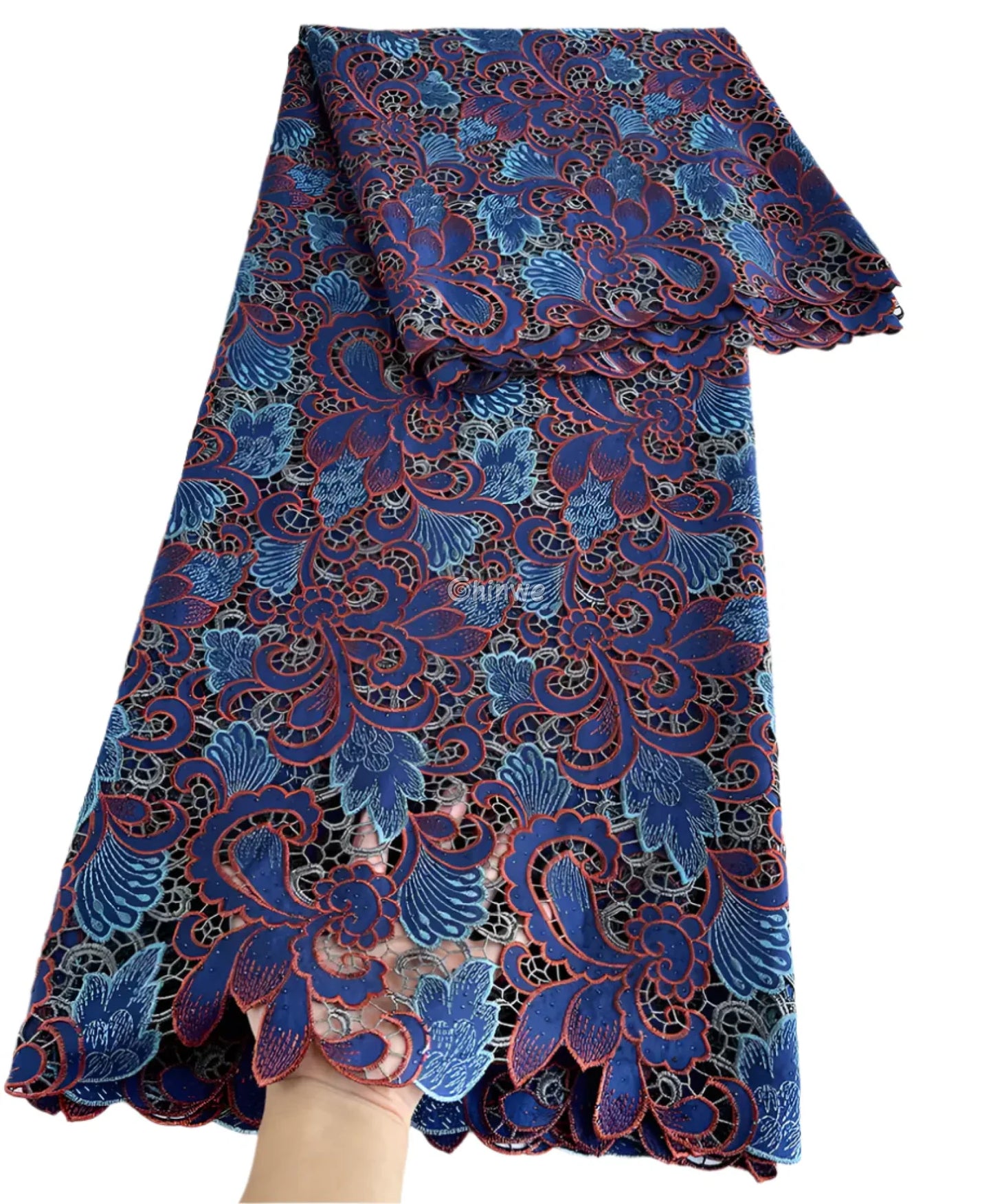 Luxury Guipure Lace Fabric – Floral Corded Korean Lace with Czech Stones Blue / 5yard Lace