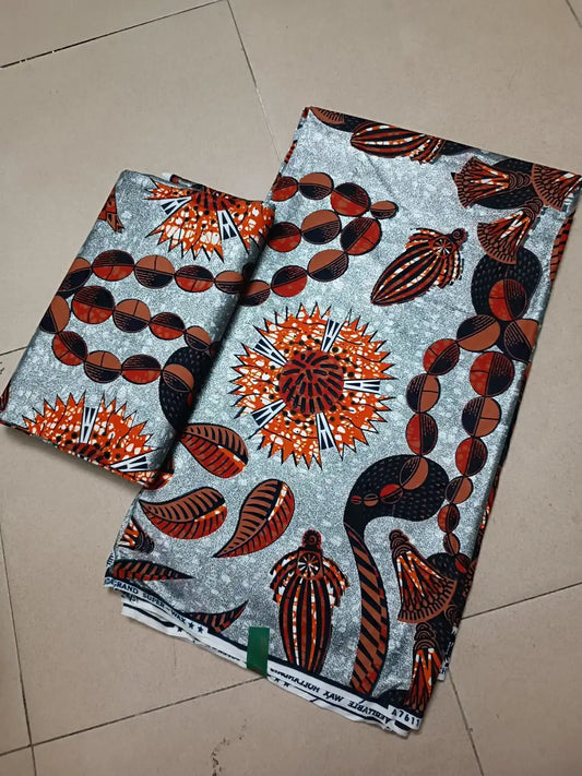 Silver and Rust Sunflower Chain Ankara gold wax print fabric, 6 yards