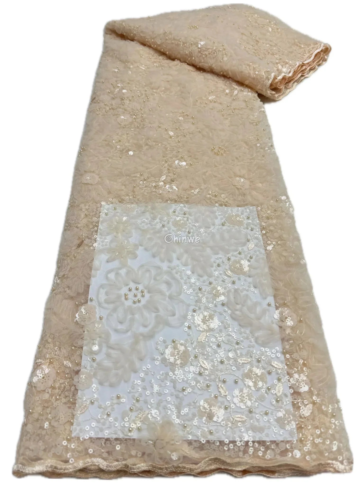 Luxury African Lace Fabric: 3D Floral Embroidery Sequins & Netting Rich Texture Champagne Gold / 5 Yards / 120cm Lace