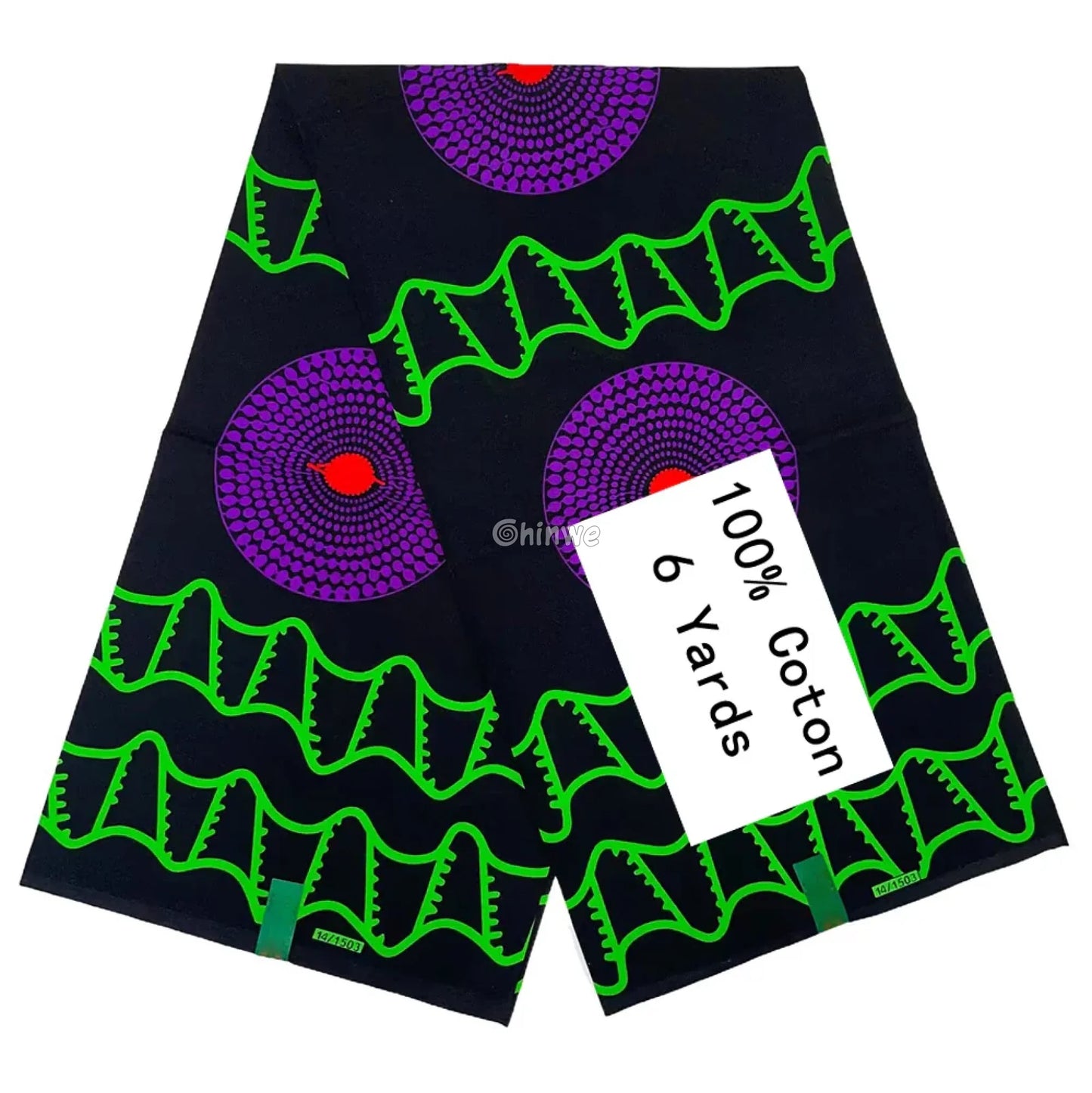 Black Ankara Fabric with Purple Spiral and Green Wave Design 6 Yards African Wax Print Fabric