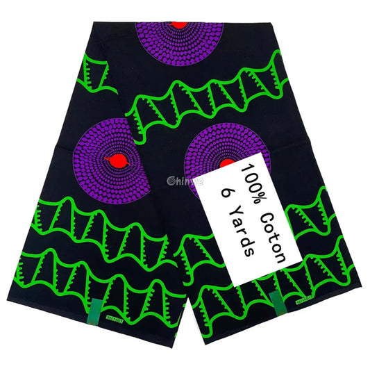 Black Ankara Fabric with Purple Spiral and Green Wave Design 6 Yards African Wax Print Fabric