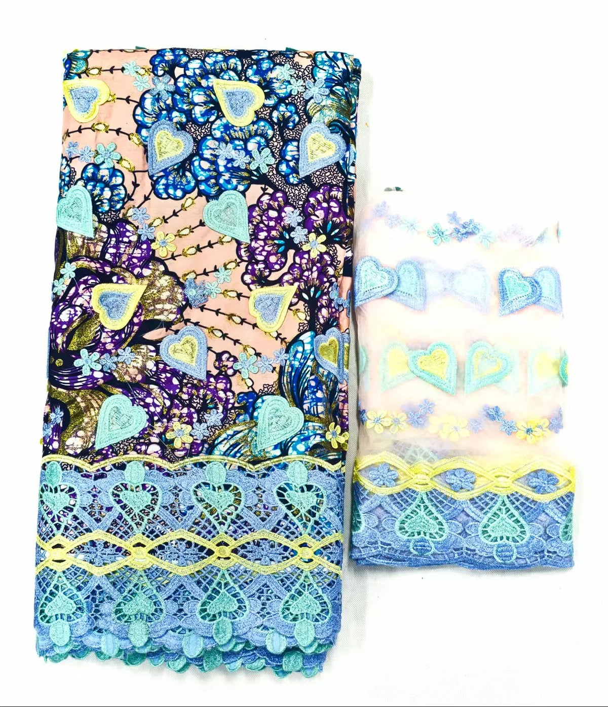 Navy and Ice Blue Embroidered Wax and Lace Set – Guipure Border, 5 Yards