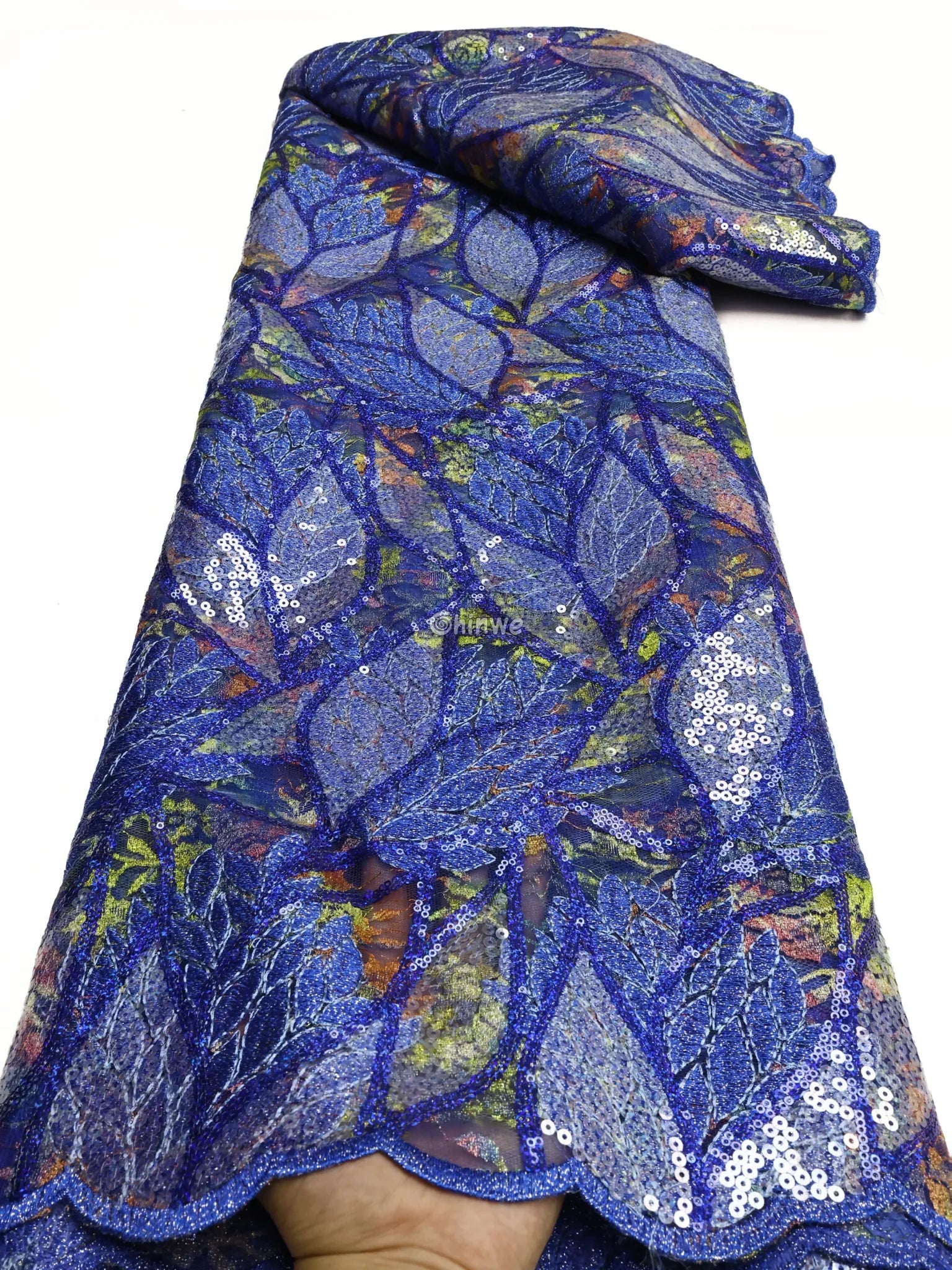 Sheer Mesh Sequin Lace with Leaf Motif Print & Metallic Embellishment Fabric Royal Blue & Silver Leaf Sequined Lace / 5