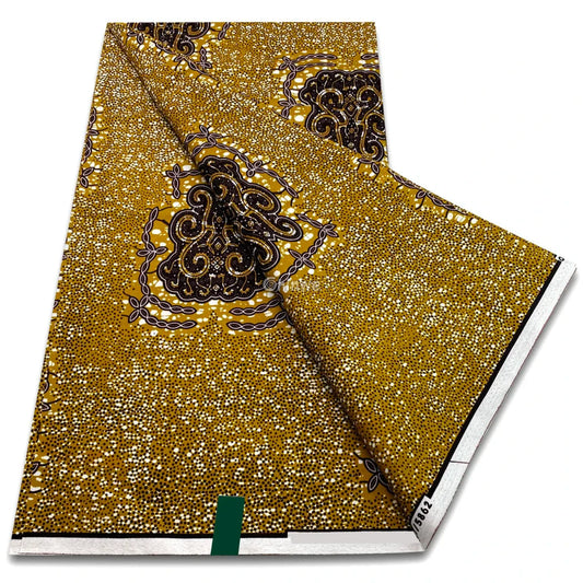 Golden mustard wax print with dotted field cocoa paisley clusters and floral bead outlines Golden Mustard & Cocoa