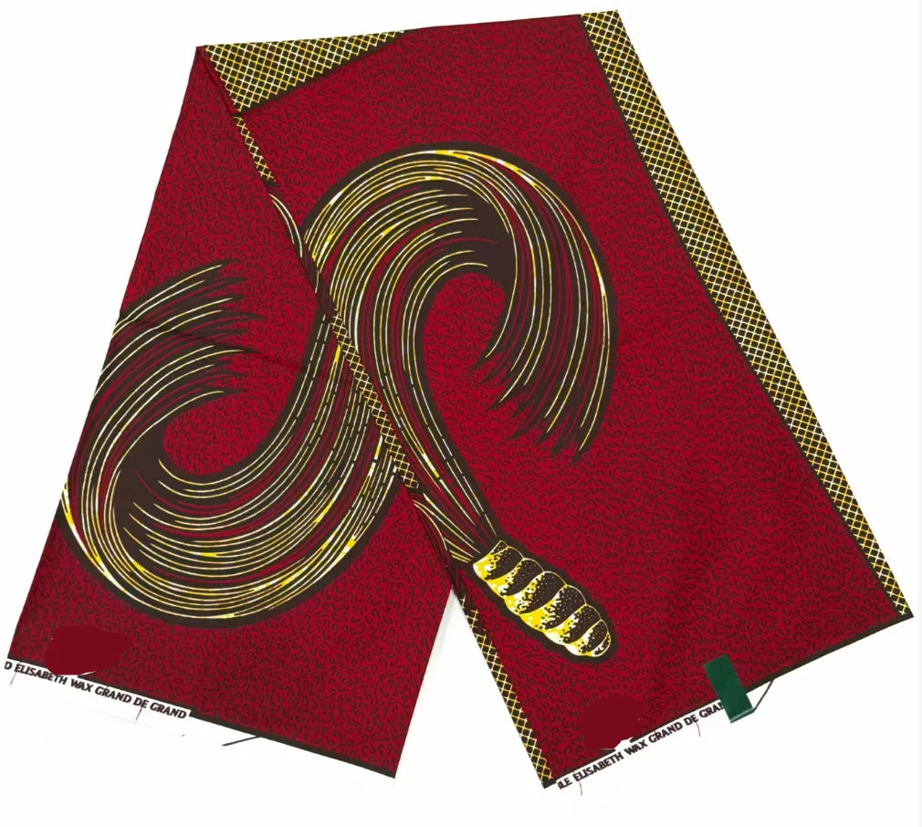 Gold Whisk Swirl on Red Ankara Jacquard Wax Print – Bold Single Motif, 100% Cotton, 6 Yards