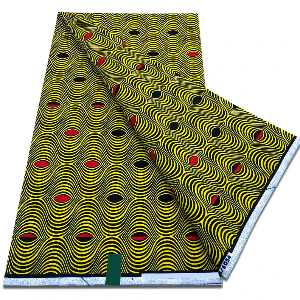 Olive green Ankara wax print fabric with ripple pattern and red and black dots