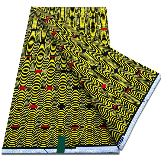 Olive green Ankara wax print fabric with ripple pattern and red and black dots
