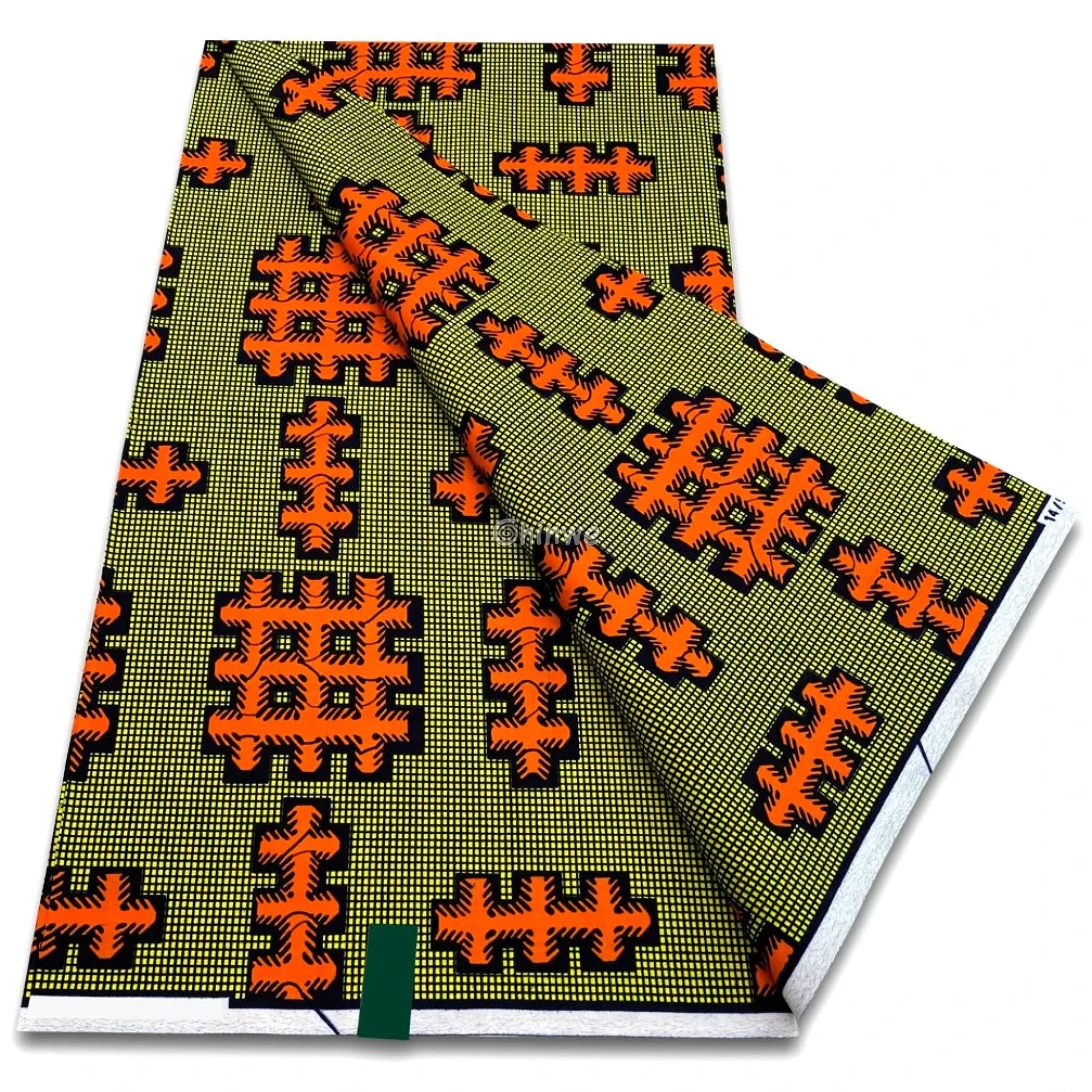 tribal wax print lime and orange Ankara bold African fabric grid pattern fabric orange symbol print African fabric for