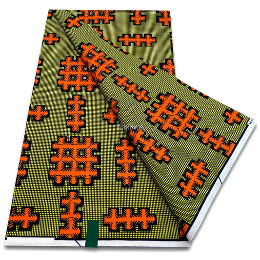 tribal wax print lime and orange Ankara bold African fabric grid pattern fabric orange symbol print African fabric for