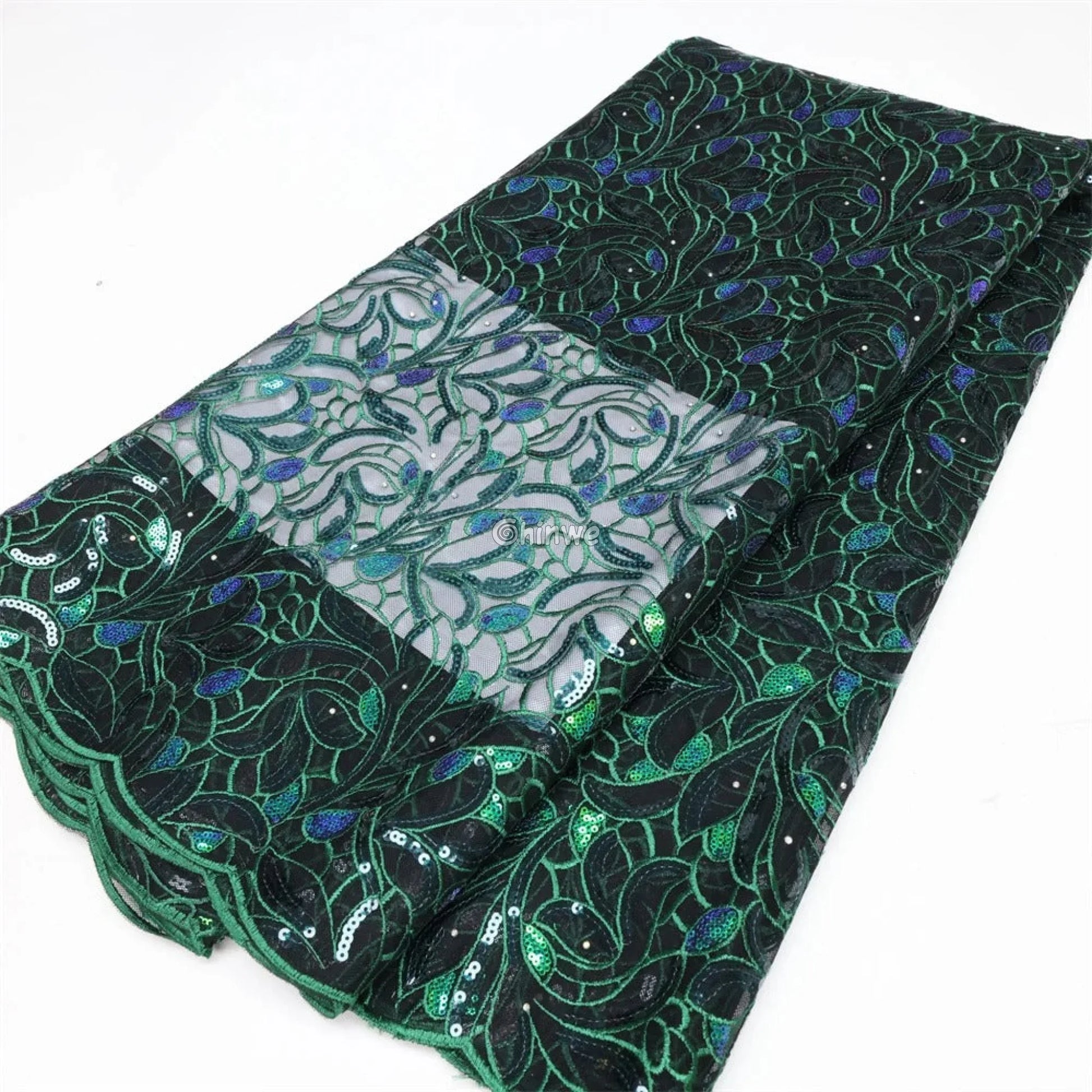 Emerald & Midnight Black Sequined & Embroidered Leaf & Vine Appliqué Mesh Print Fabric Lace