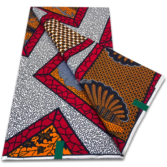 Crimson Red and Amber Geometric Panel Print with Mosaic Fans Spiral Swirls and Crackle Borders Crimson Red & Amber