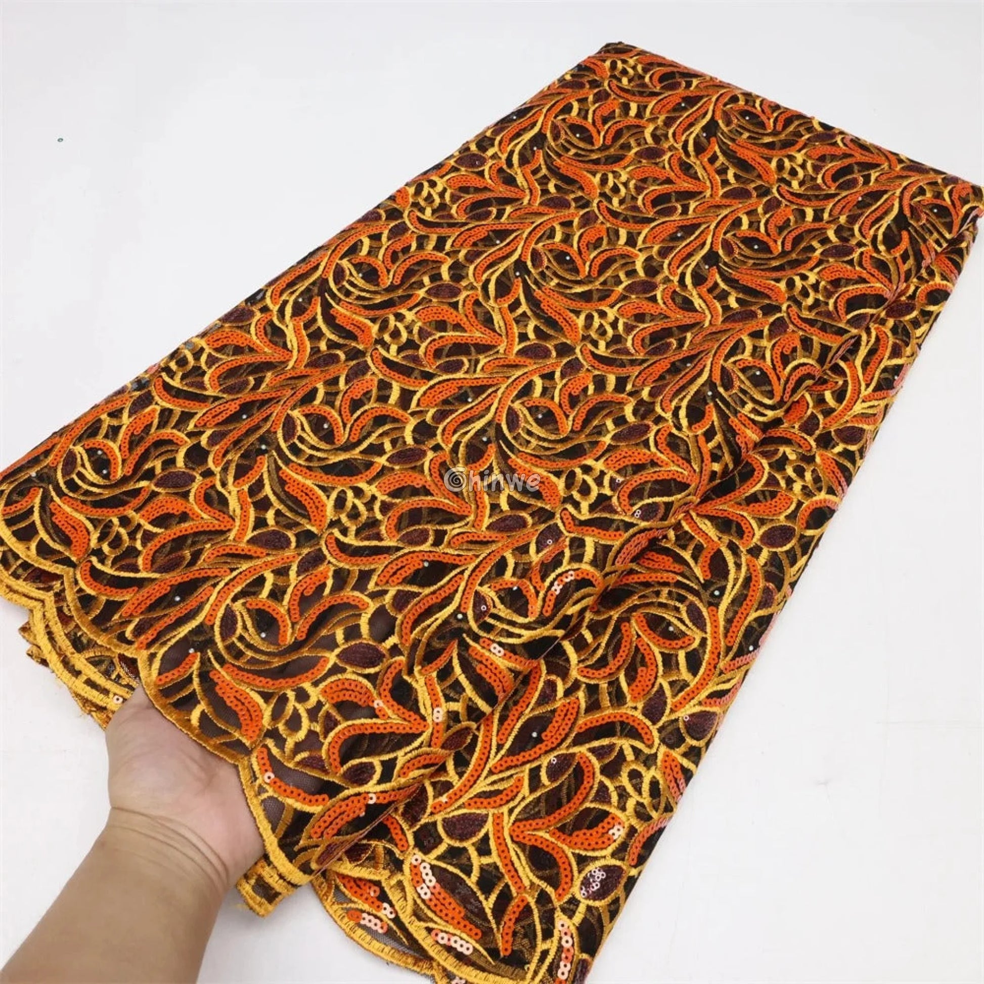 Emerald & Midnight Black Sequined & Embroidered Leaf & Vine Appliqué Mesh Print Fabric Lace