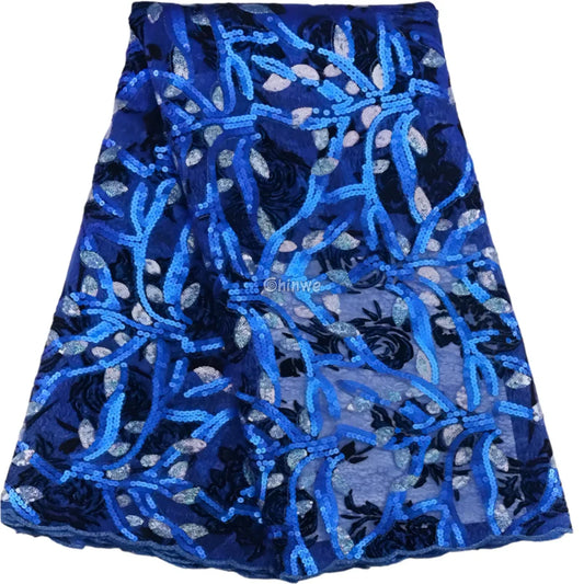Sequined Corded Lace Fabric with Floral & Leaf Embroidery on Soft Tulle Mesh Base Royal blue with leafy sequin
