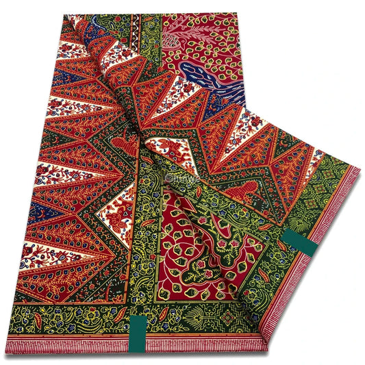 Bold Red & Olive Green Patchwork Print with Geometric Florals and Ornamental Borders Bold Red & Olive Green Patchwor