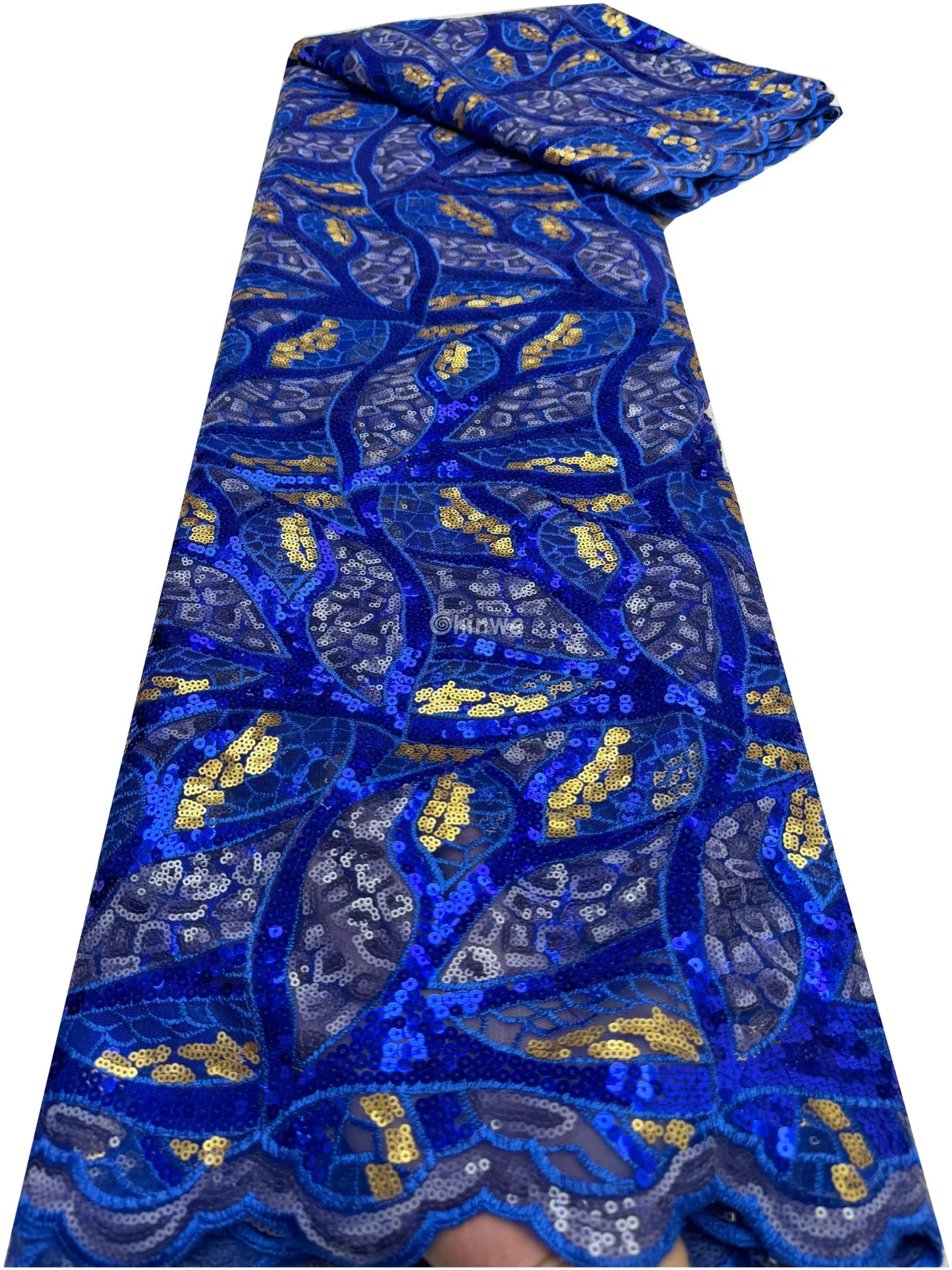 Swirl Sequin Embroidered Lace Print Fabric with Metallic Accents & Scalloped Edge Detail Cobalt Blue & Gold Swirl Lace