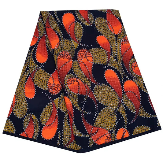 Orange Drops Ankara-Style Polyester Fabric – Orange & Gold Teardrops on Navy, 3 or 6 Yards