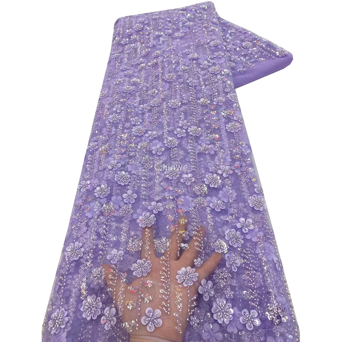 Net Lace Fabrics With Sequins For Evening Dresses Latest French Beaded Tulle Lace Fabric High Quality African Lavender