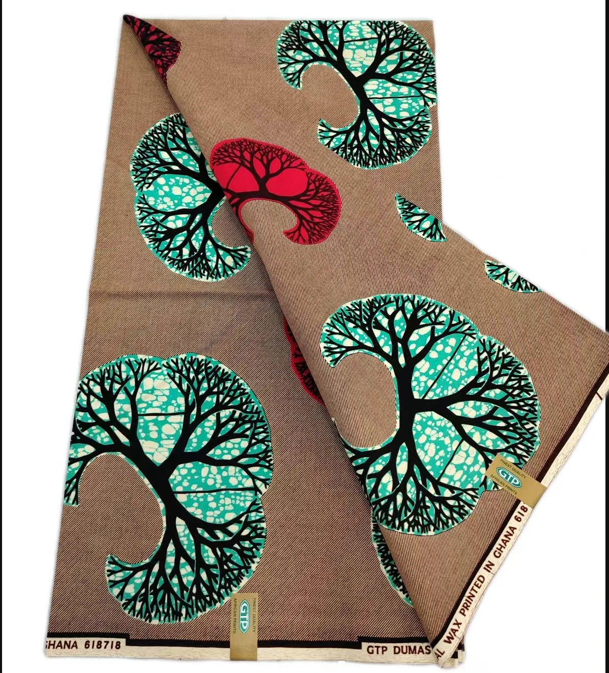 Taupe and Teal Tree Ankara wax print fabric, 6 yards