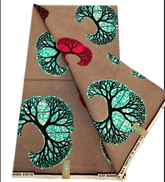 Taupe and Teal Tree Ankara wax print fabric, 6 yards