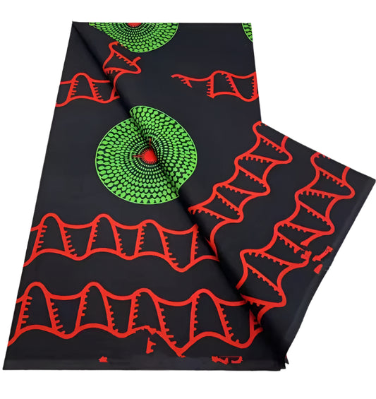 Black Ankara Fabric with Green Spiral and Red Wave Design