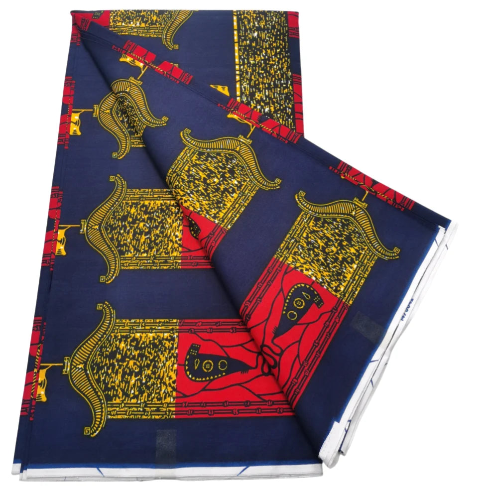 Navy Ankara real wax print with ornate gold panels and red blocks, 100% cotton, 6 yards