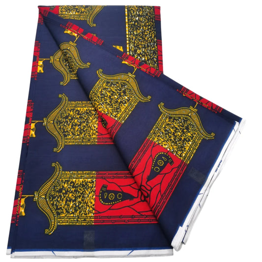Navy Ankara real wax print with ornate gold panels and red blocks, 100% cotton, 6 yards