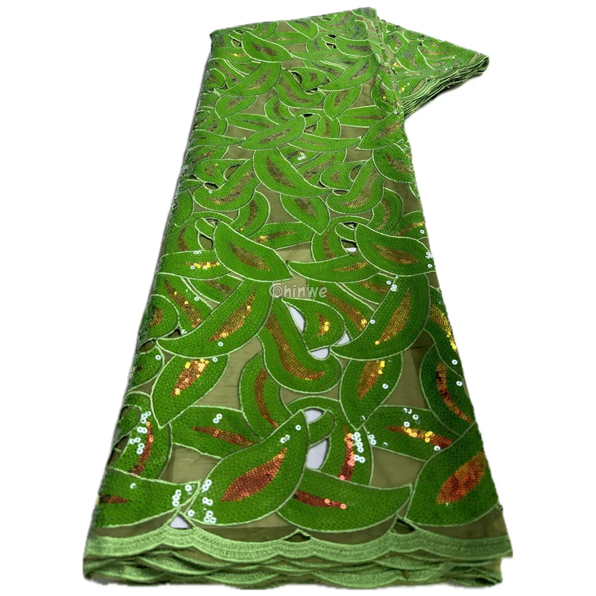 Interlocking Loop Abstract Motif Sequin Lace Print Fabric with Sheer Tulle Base Kelly Green & Copper Interlocking Loop