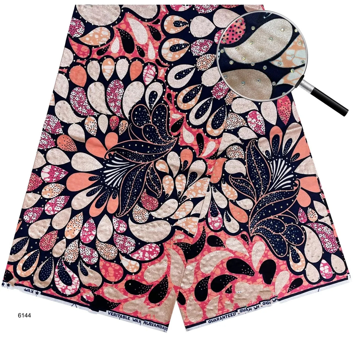 Coral Teardrop Bloom Stoned Wax Print – Navy & Blush, Golden Stone Wax, 6 Yards