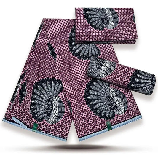 Grey Shell Fans on Mauve Ankara Real Wax Print – Boho Single Motif, 100% Cotton, 6 Yards