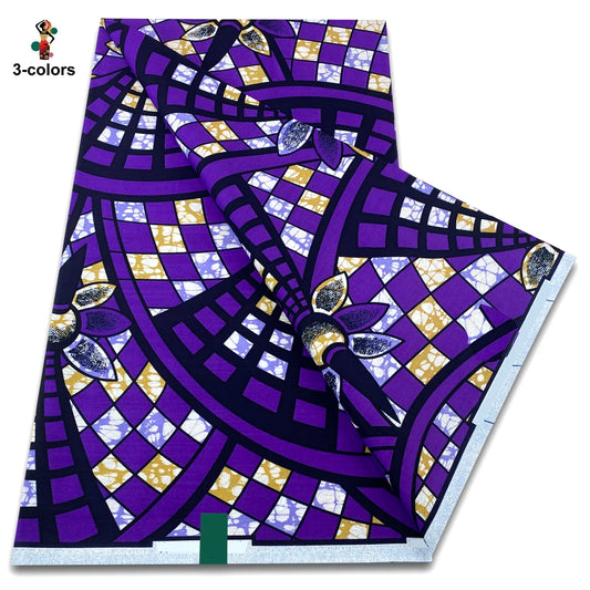 Purple Checker Arc Ankara Real Wax Print – Gold Accents, 100% Cotton, 6 Yards